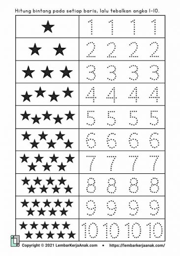 lembar kerja anak tk menulis angka menebalkan 1–10 berhitung