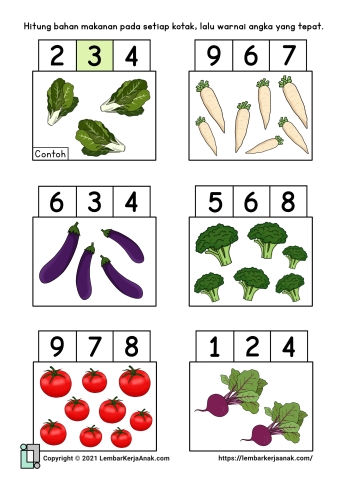 Kognitif lembar kerja anak tk berhitung tema tanaman sayur