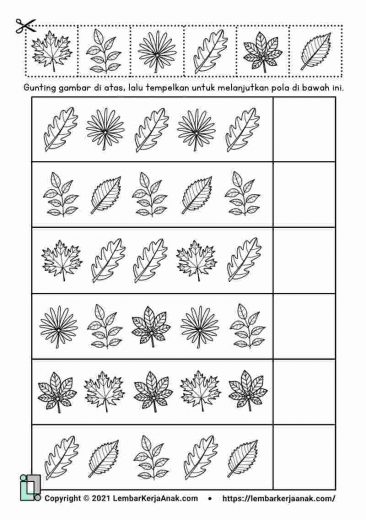 Kognitif lembar kerja anak tk pola gambar tema tanaman