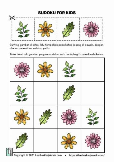 Kognitif lembar kerja anak tk paud sudoku melengkapi pola gambar tanaman