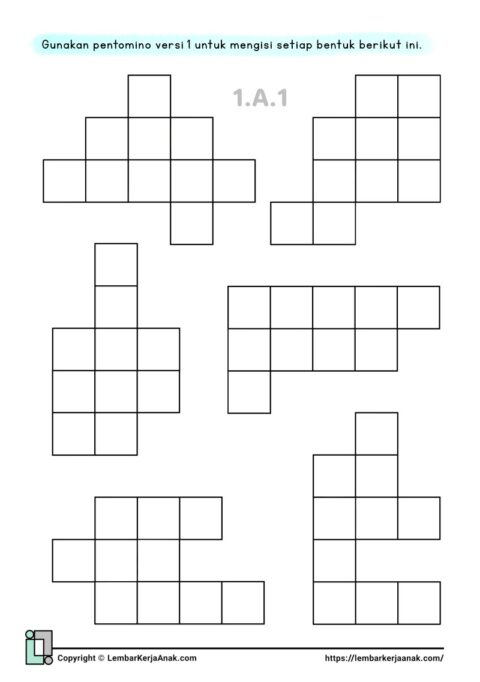 Lembar kerja worksheet anak tk sd pentomino puzzle geometri