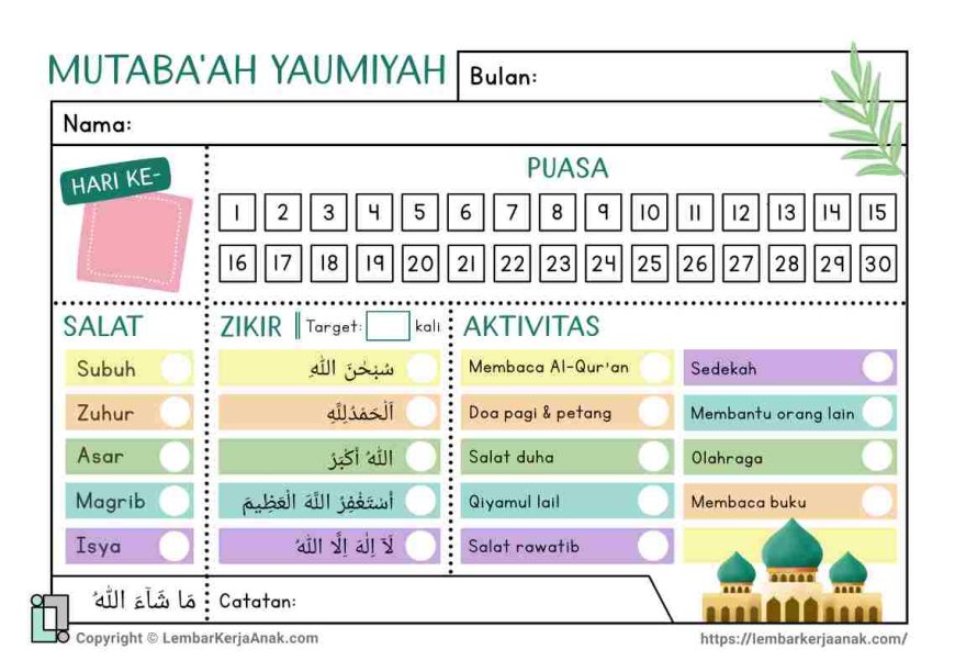 Lembar kerja anak ceklis ramadan mutabaah harian islam
