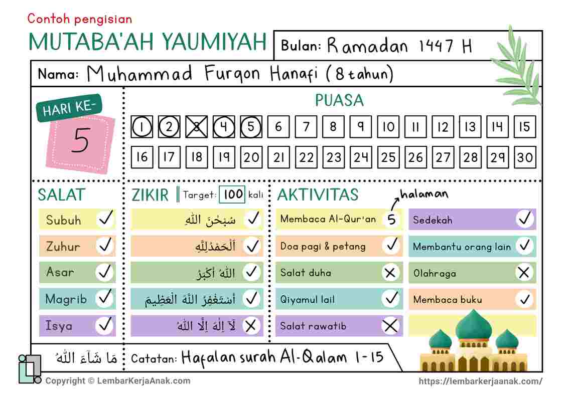 Lembar kerja anak ceklis ramadan mutabaah harian islam