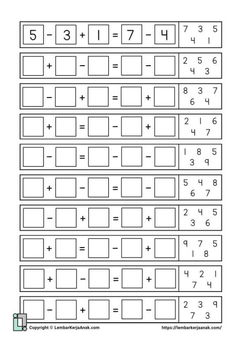 Lembar kerja anak tk sd matematika penambahan pengurangan