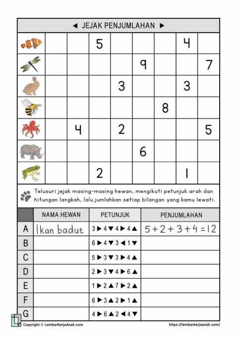 Lembar kerja worksheet anak matematika sd algoritma numerasi penjumlahan