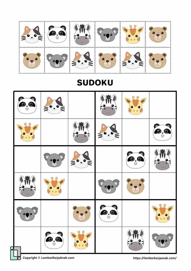 Lembar kerja worksheet anak tk sd sudoku gambar