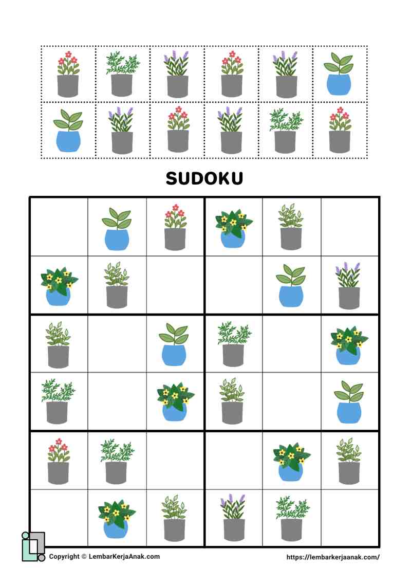Lembar kerja worksheet anak tk sd sudoku gambar