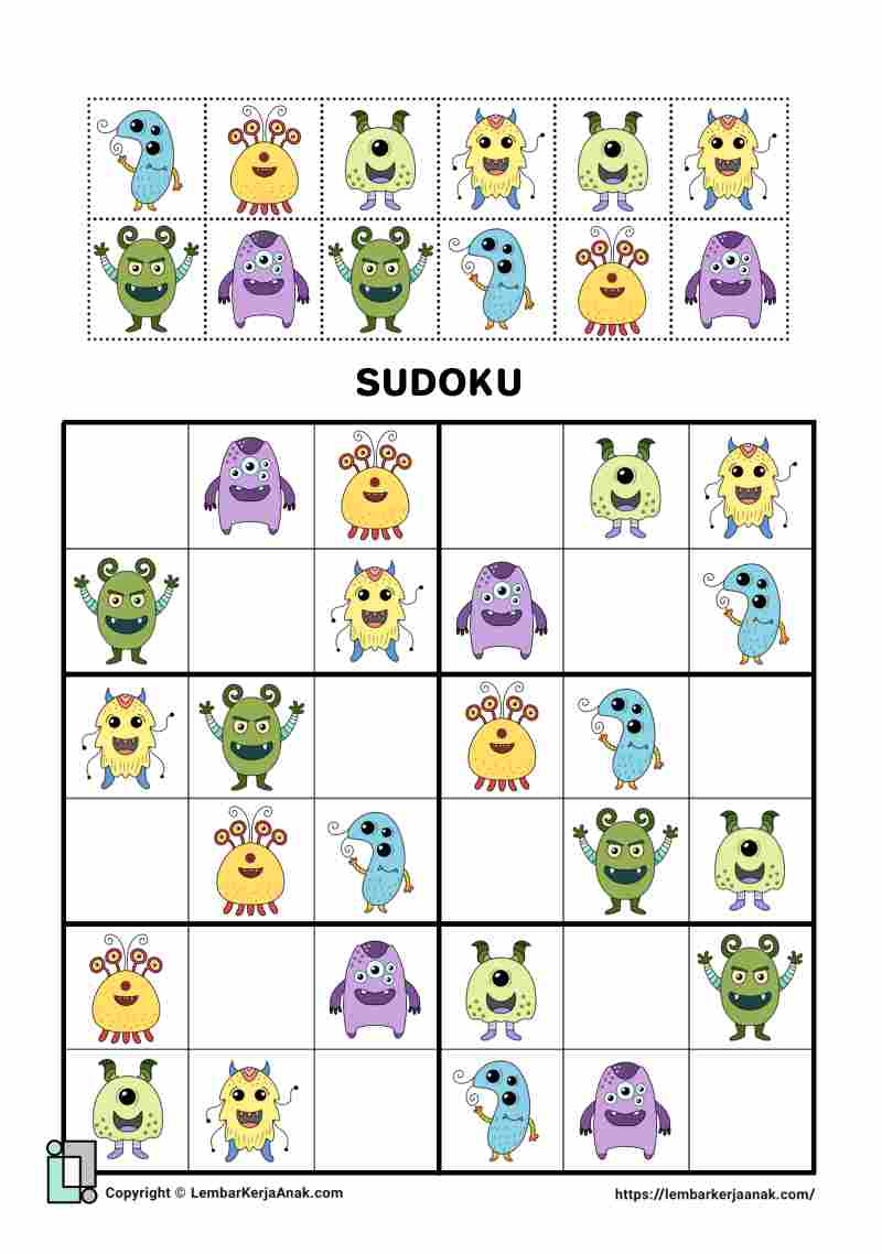 Lembar kerja worksheet anak tk sd sudoku gambar