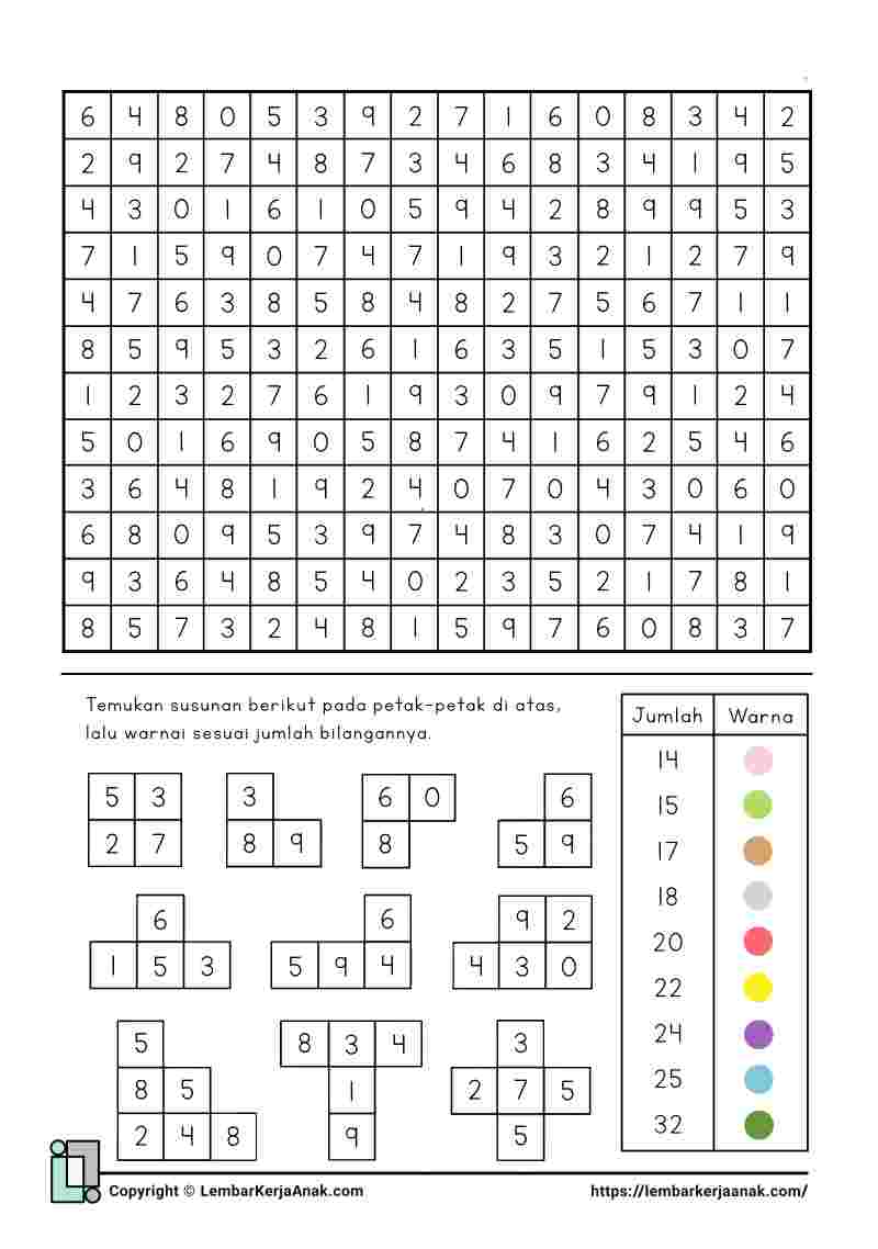 Lembar kerja worksheet anak tk sd matematika persepsi visual