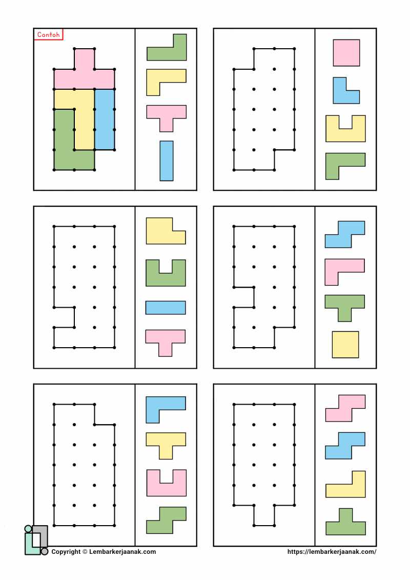 Lembar kerja worksheet anak sd logika spasial puzzle geometri