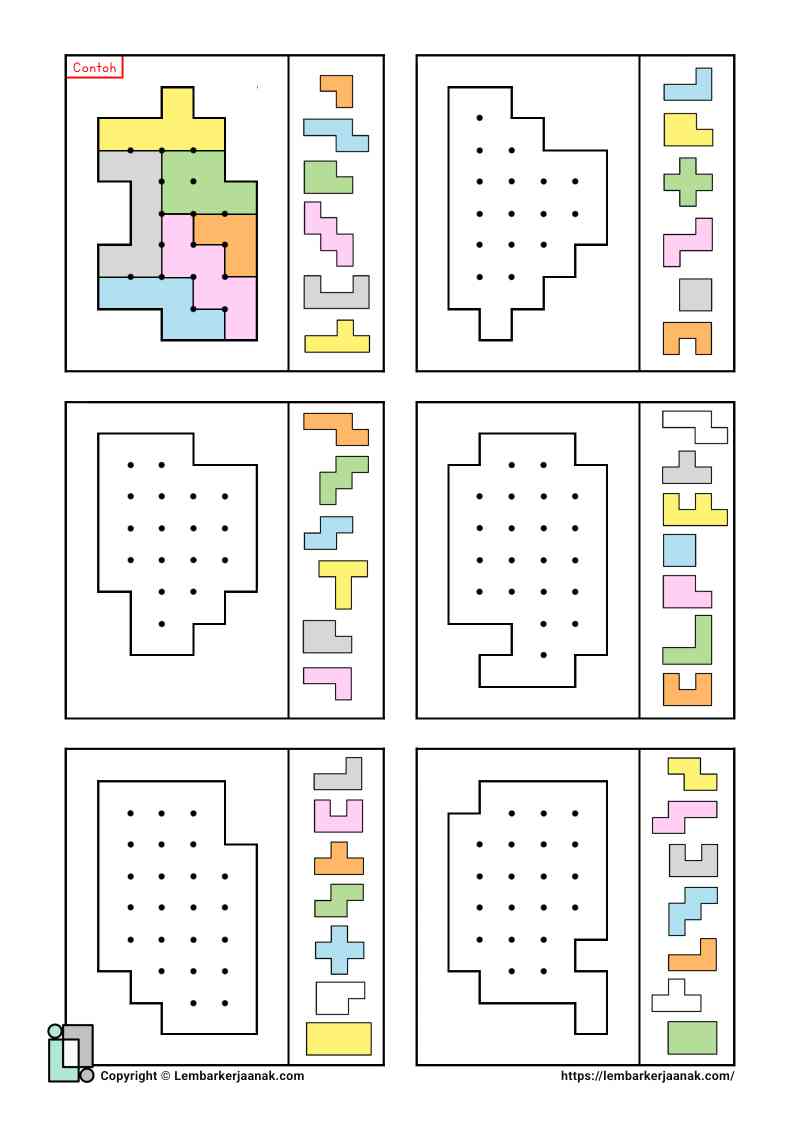 Lembar kerja worksheet anak sd logika spasial puzzle geometri