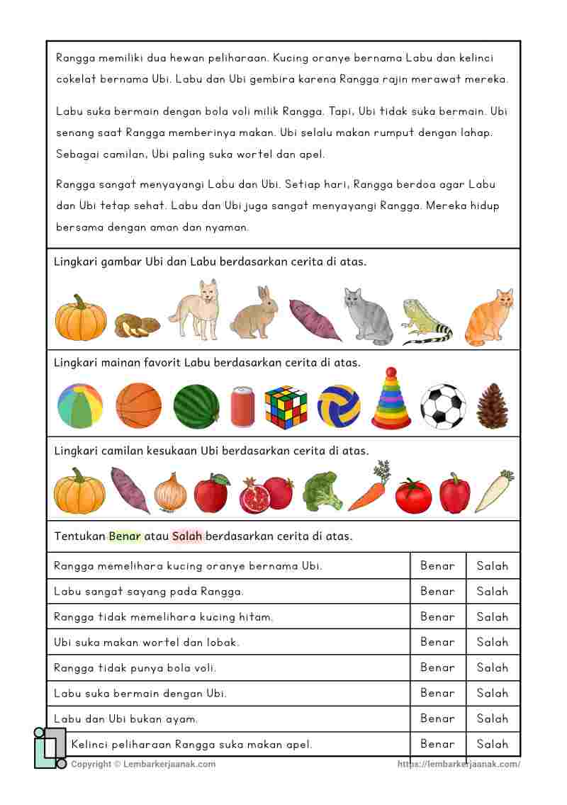 Lembar kerja worksheet anak sd bahasa literasi membaca cerita