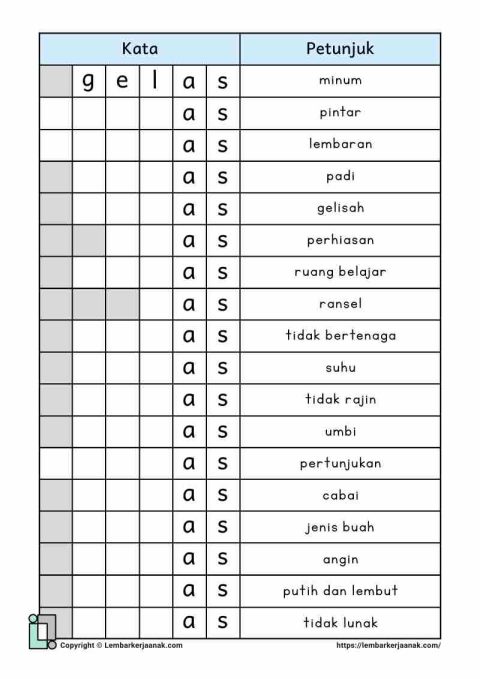 Lembar kerja worksheet anak sd bahasa literasi teka teki kata