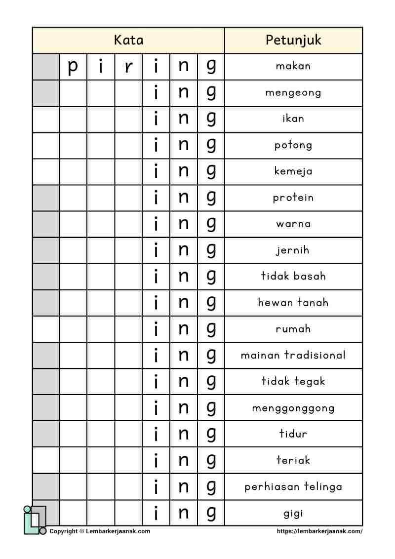 Lembar kerja worksheet anak sd bahasa literasi teka teki kata