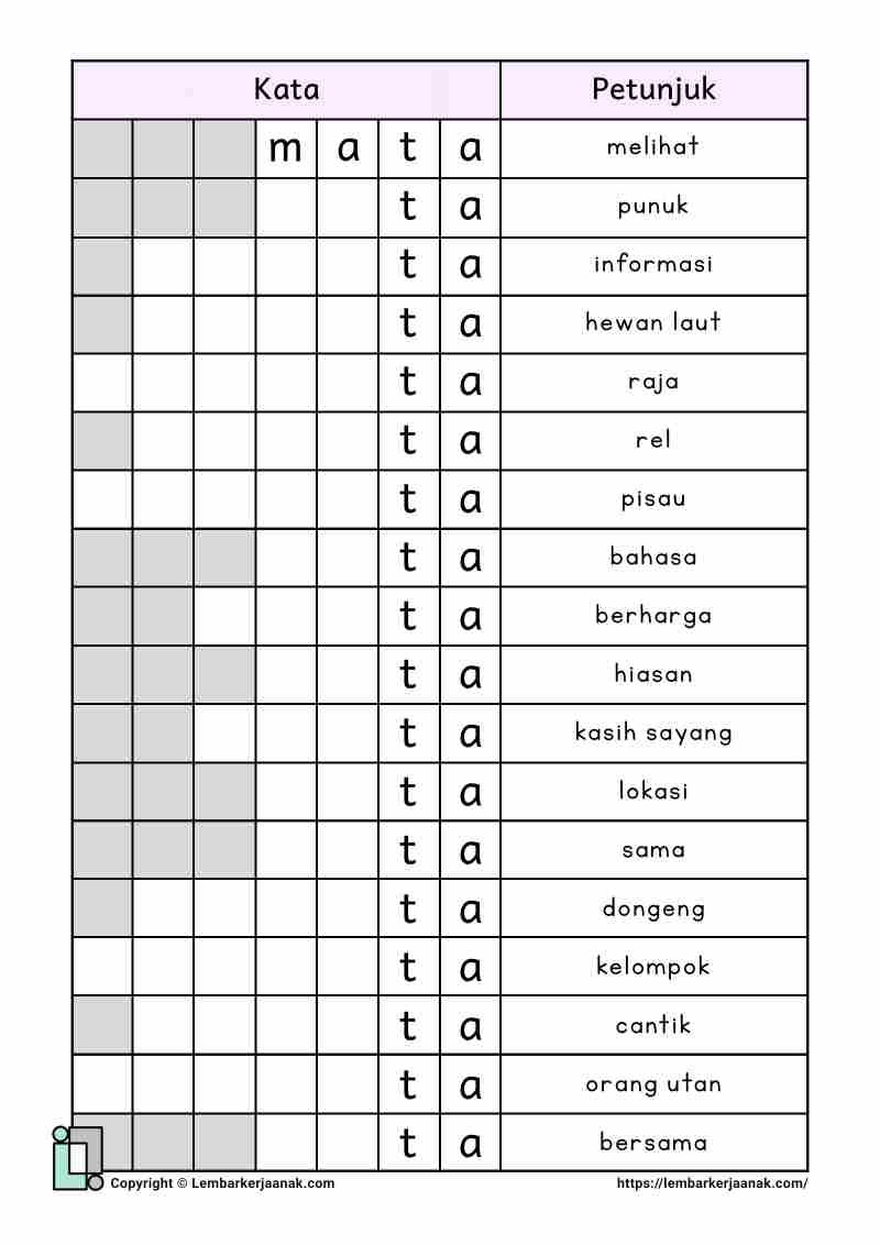 Lembar kerja worksheet anak sd bahasa literasi teka teki kata