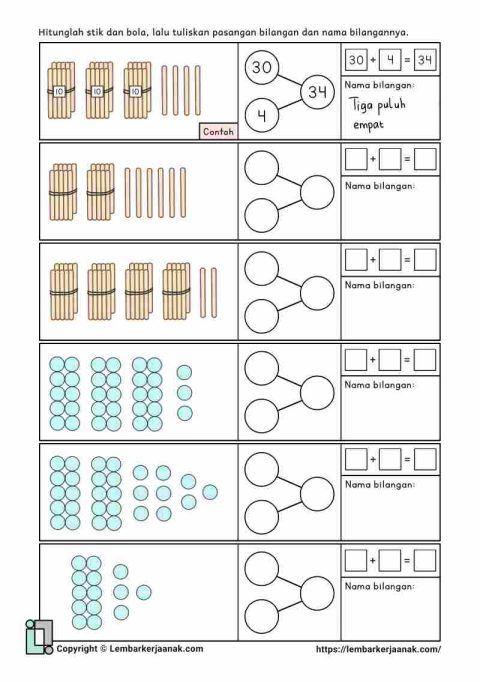Lembar kerja anak SD matematika berhitung 1-50 pasangan bilangan