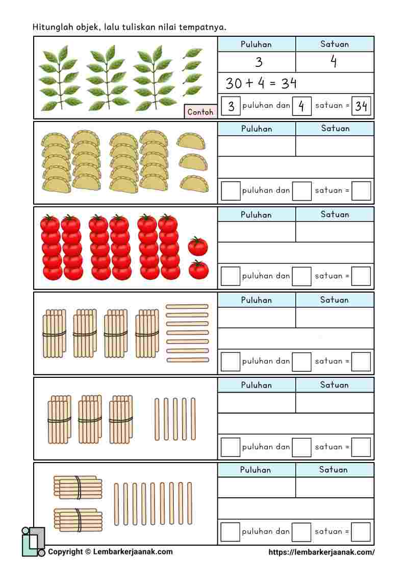 Lembar kerja anak SD matematika berhitung nilai tempat