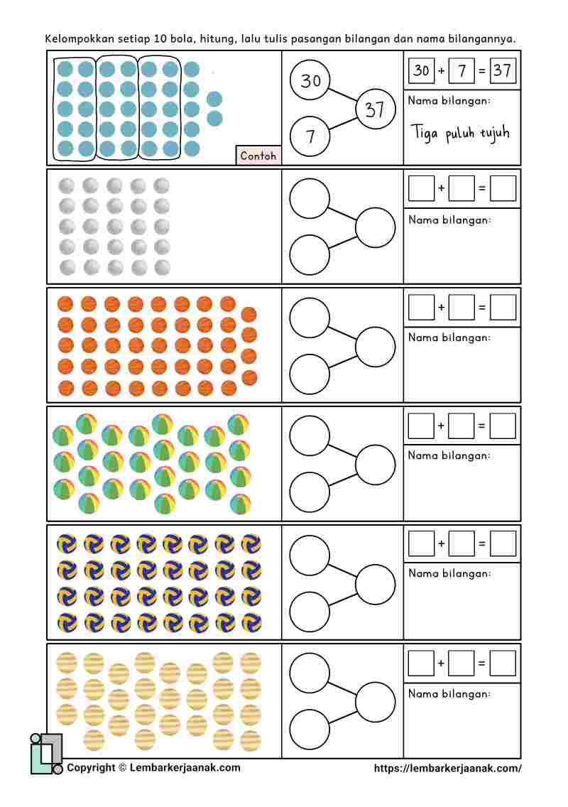 Lembar kerja anak SD matematika berhitung pengelompokan 10 - pasangan bilangan