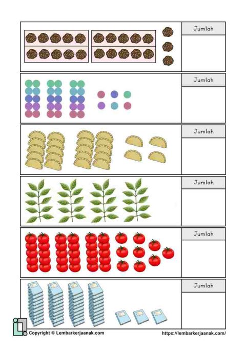 Lembar kerja anak SD matematika bilangan 1-50 berhitung pengelompokan 10