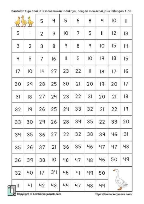Lembar kerja anak SD matematika jalur bilangan 1-50