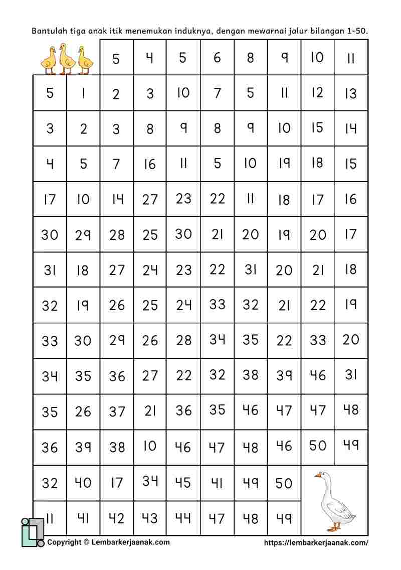 Lembar kerja anak SD matematika jalur bilangan 1-50
