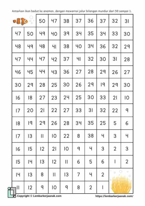 Lembar kerja anak SD matematika jalur bilangan 50-1