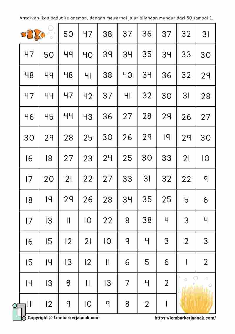 Lembar kerja anak SD matematika jalur bilangan 50-1