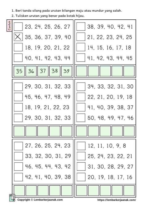 Lembar kerja anak SD matematika koreksi urutan bilangan