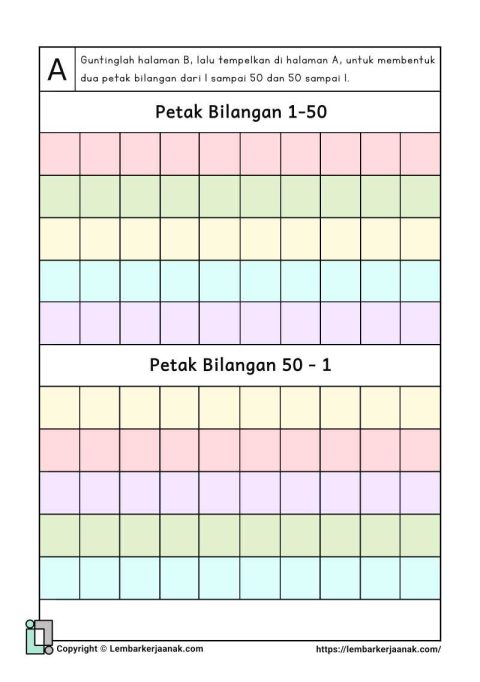 Lembar kerja anak SD matematika puzzle petak bilangan 1-50