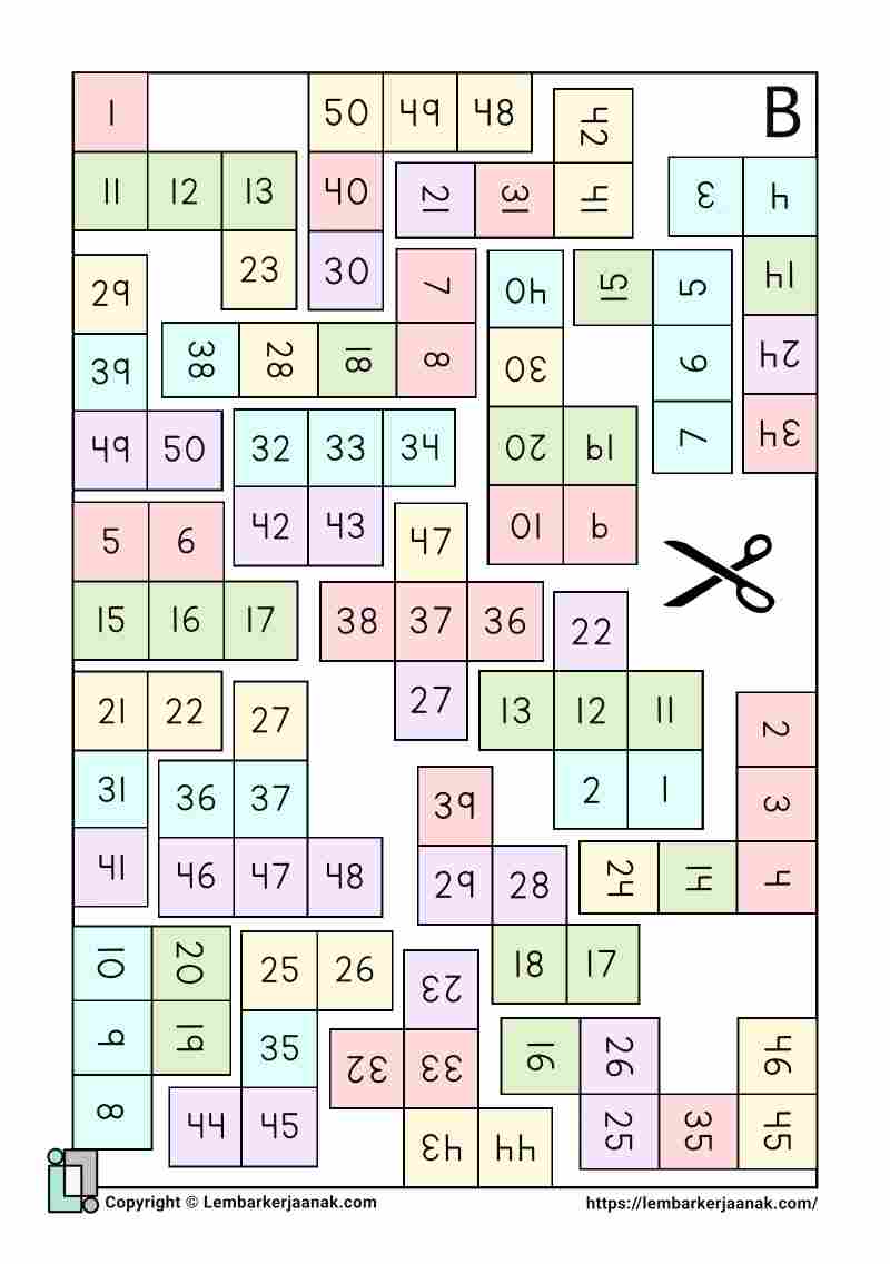 Lembar kerja anak SD matematika puzzle petak bilangan 50-1