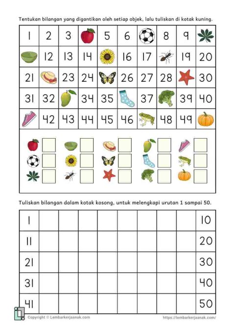 Lembar kerja anak SD matematika urutan bilangan 1-50