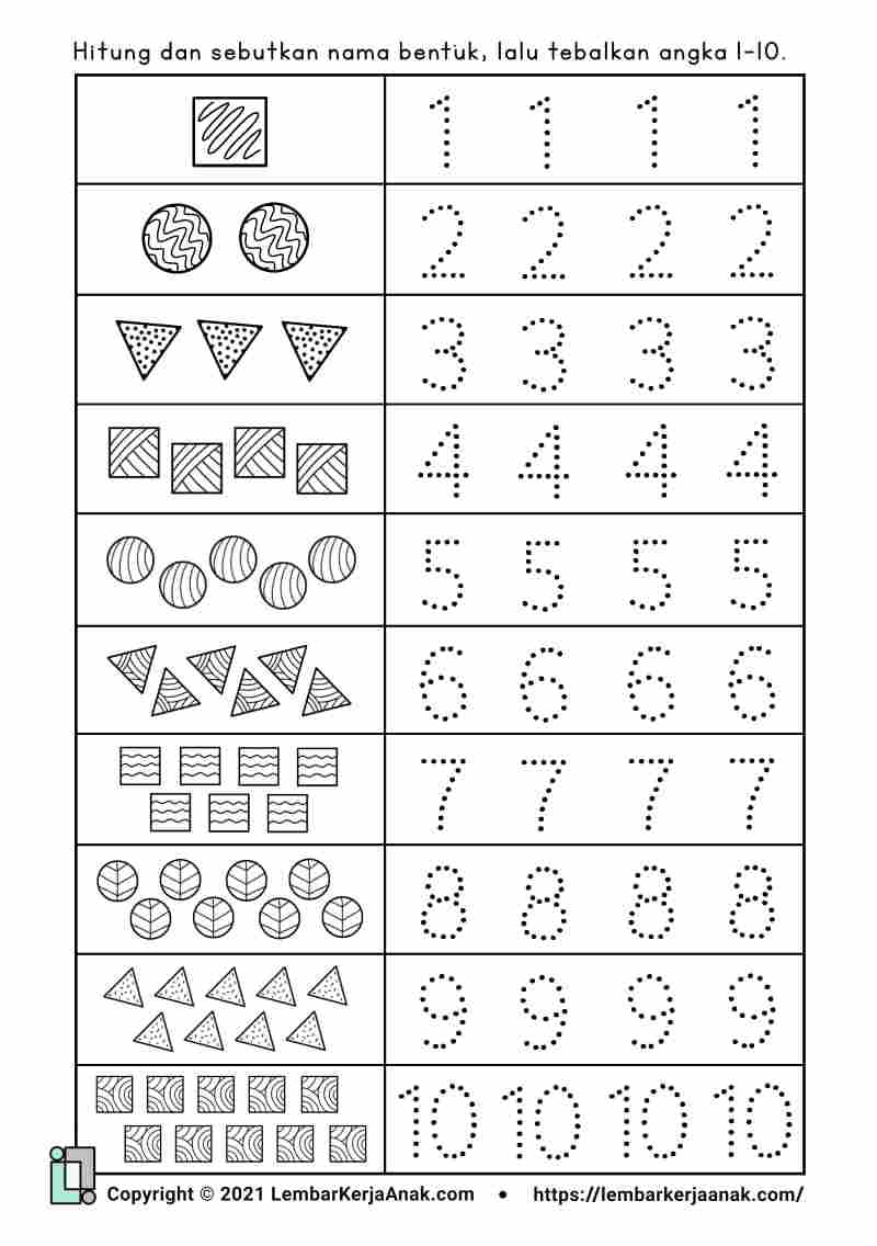 Menebalkan Angka Latihan Menulis Lembar Kerja Anak TK