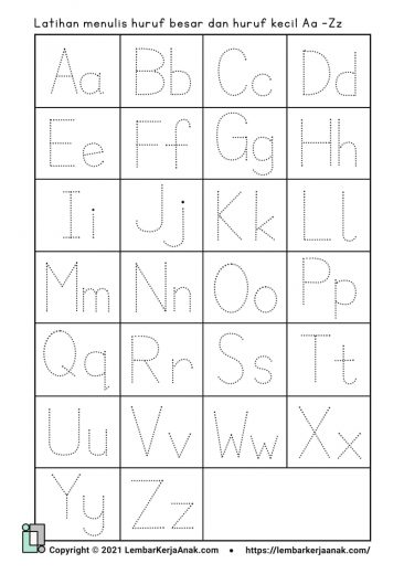Menebalkan huruf abjad A–Z, lembar kerja anak tk paud