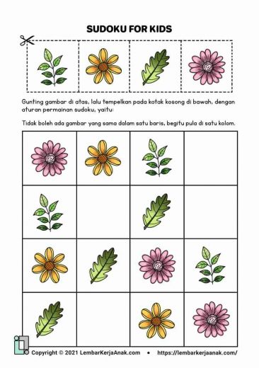 Kognitif lembar kerja anak tk paud - sudoku gambar - tema tanaman