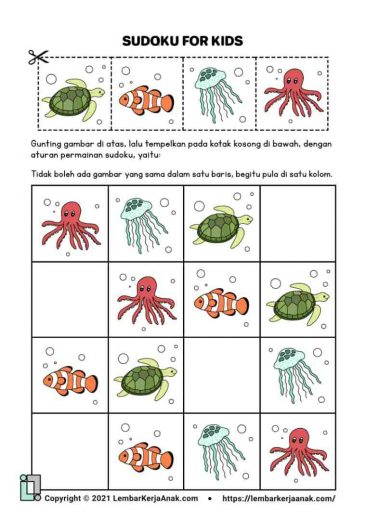 Kognitif lembar kerja anak tk paud - sudoku gambar - tema hewan