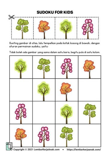 Kognitif lembar kerja anak tk paud - sudoku gambar - tema tanaman