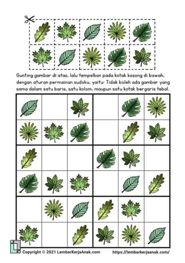 Kognitif lembar kerja anak tk paud - sudoku gambar - tema tanaman