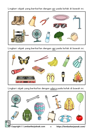 Tema Air, Udara, dan Api | Kognitif | Poster | Lembar Kerja Anak TK - PAUD