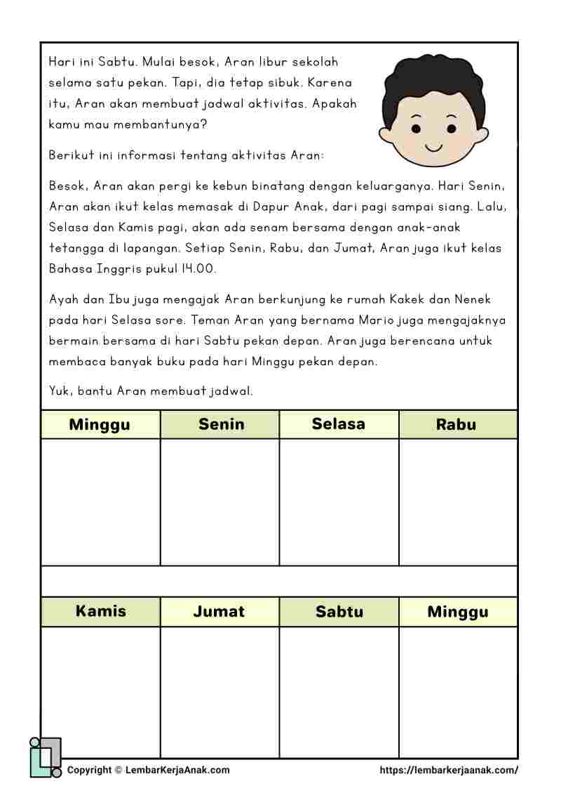 Lembar kerja anak tk sd membaca cerita