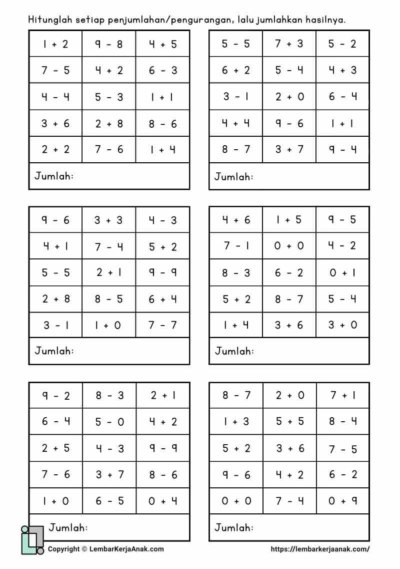 Lembar kerja worksheet anak tk sd matematika