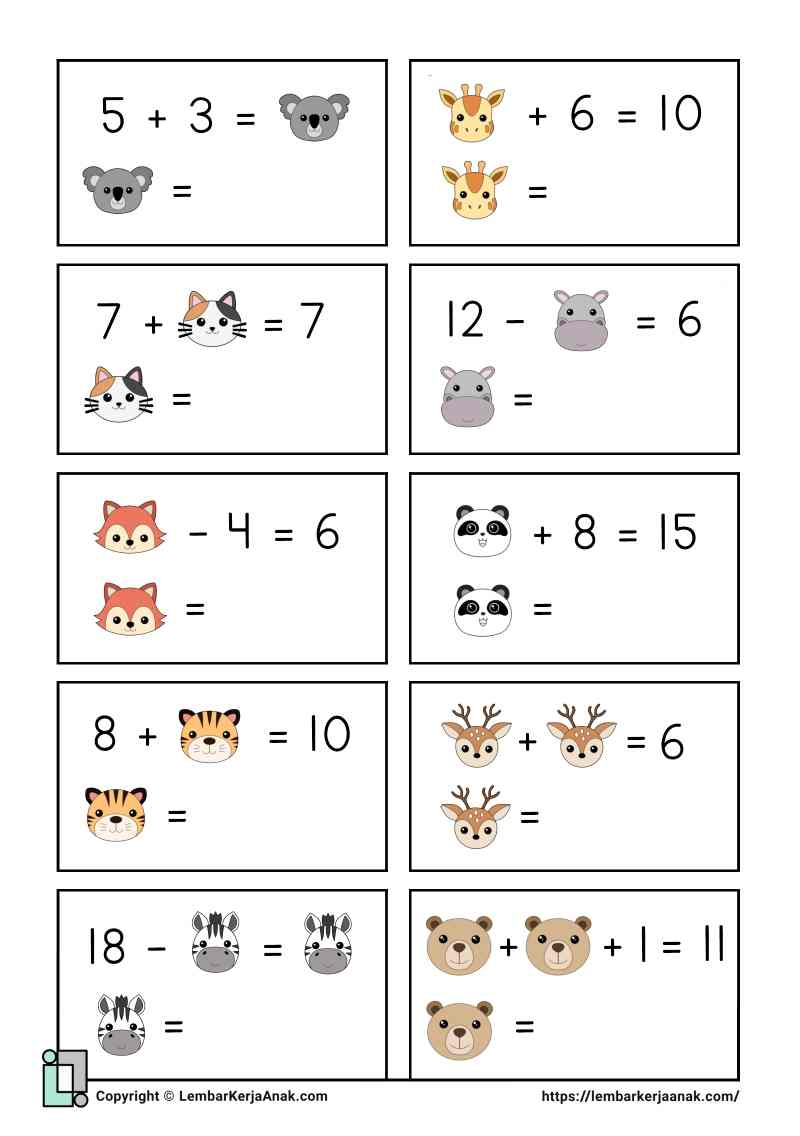 Lembar kerja anak sd matematika aljabar gambar penjumlahan pengurangan