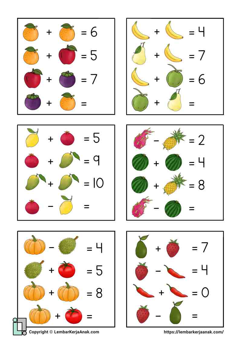 Lembar kerja anak sd matematika aljabar gambar penjumlahan pengurangan