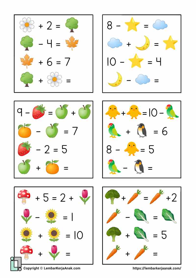 Lembar kerja anak sd matematika aljabar gambar penjumlahan pengurangan