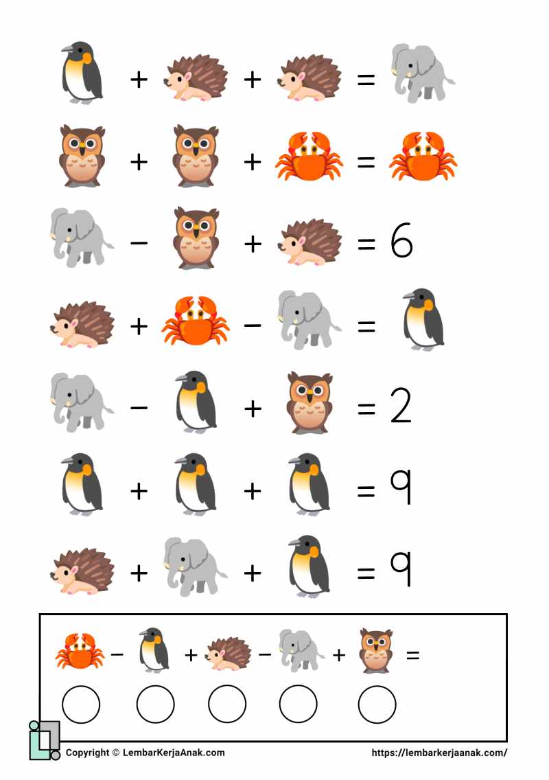 Lembar kerja anak sd matematika aljabar gambar penjumlahan pengurangan