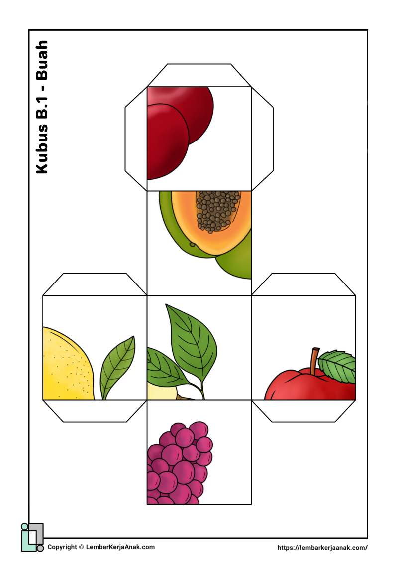 Lembar kerja anak tk sd cube puzzle buah