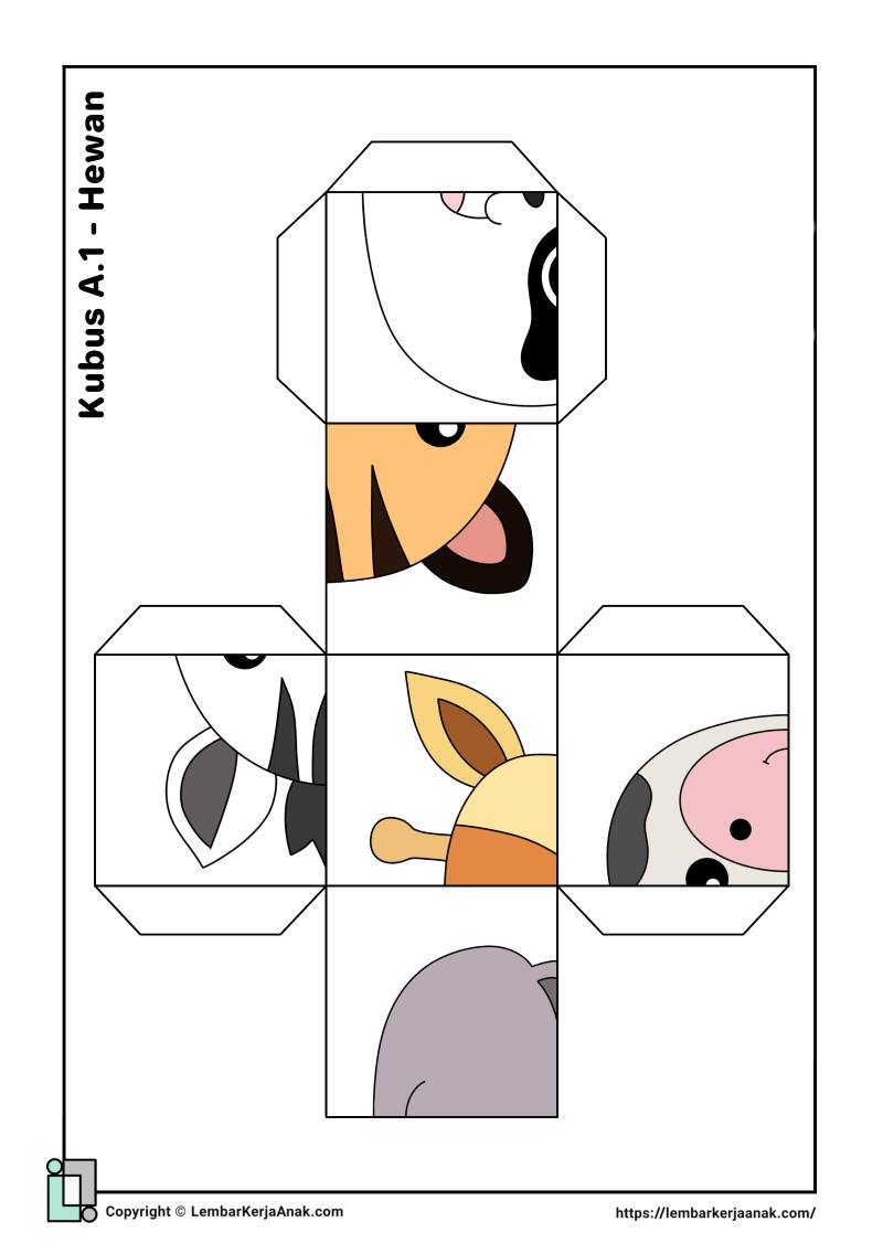 Lembar kerja anak tk sd cube puzzle hewan