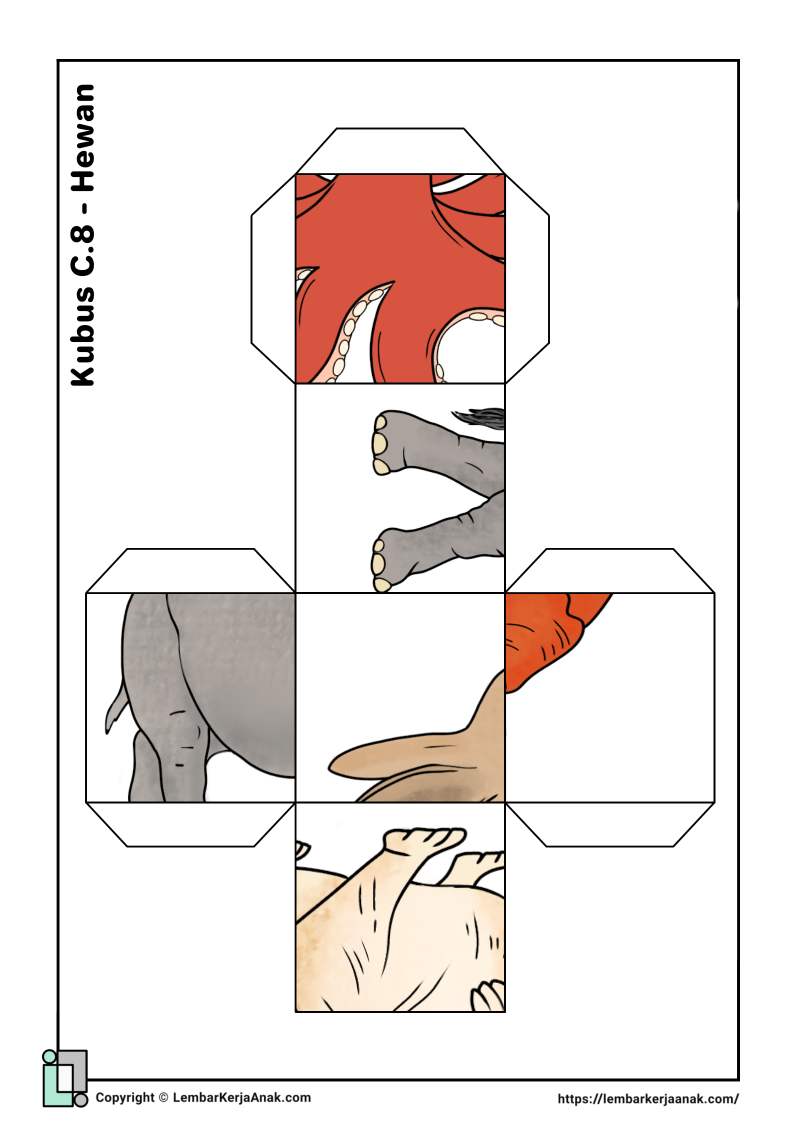 Lembar kerja anak tk sd cube puzzle hewan