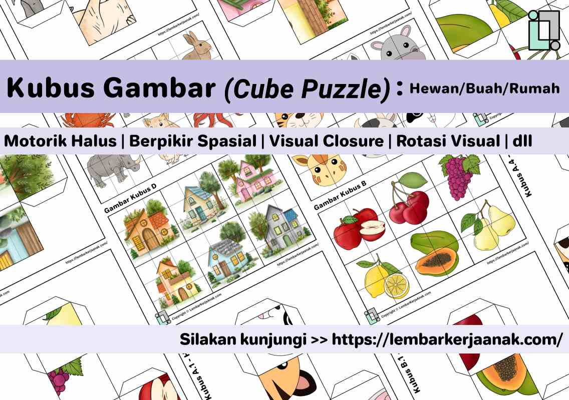 Lembar kerja anak tk sd cube puzzle hewan rumah buah