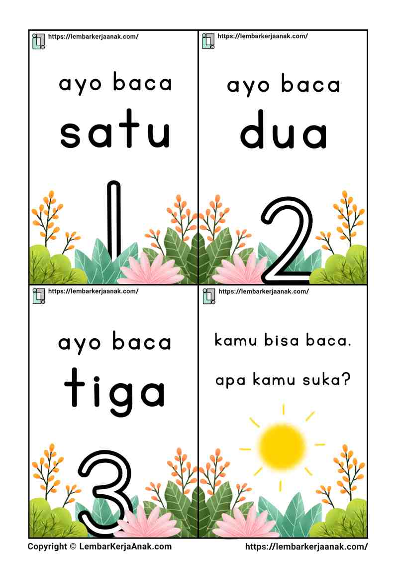 Belajar membaca anak tk flashcard lembar kerja