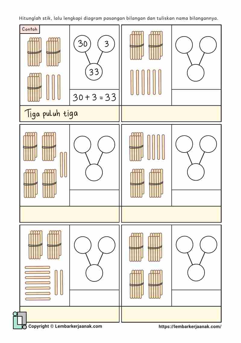 Lembar kerja anak SD matematika berhitung 1-50 pengelompokan 10